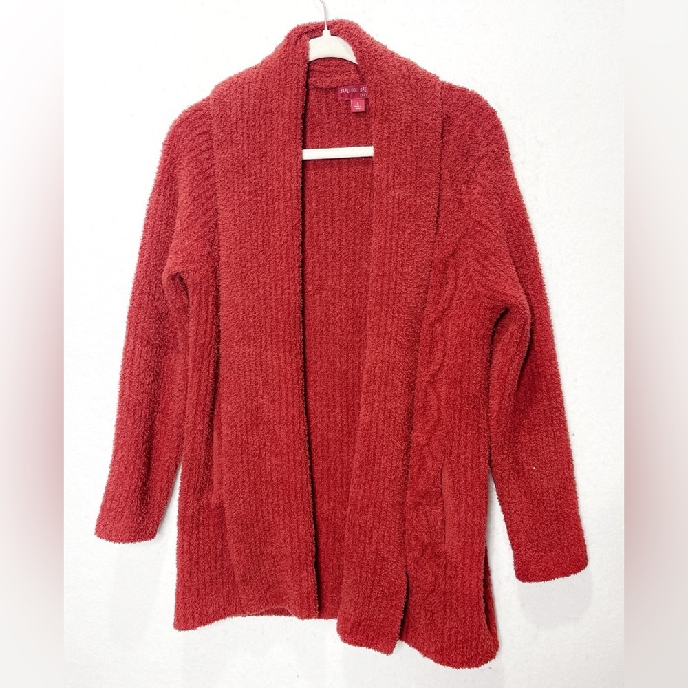 Barefoot Dreams Crimson Red CozyChic Cable Knit Open Front Cardigan Size Small - Picture 2 of 6